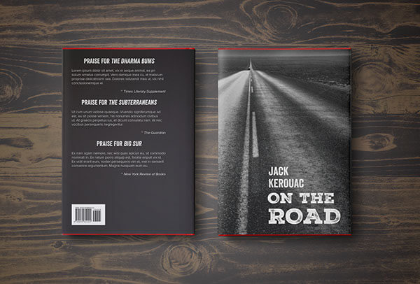 Tampak depan dan belakang novel On The Road yang didominasi warna hitam